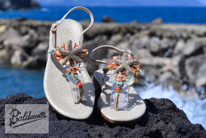 Gorgeous Swarosky Jewels Capri Sandals with Starfish  and Corals. Real Leather and soft sole, wedding perfect  Handmade in Italy.