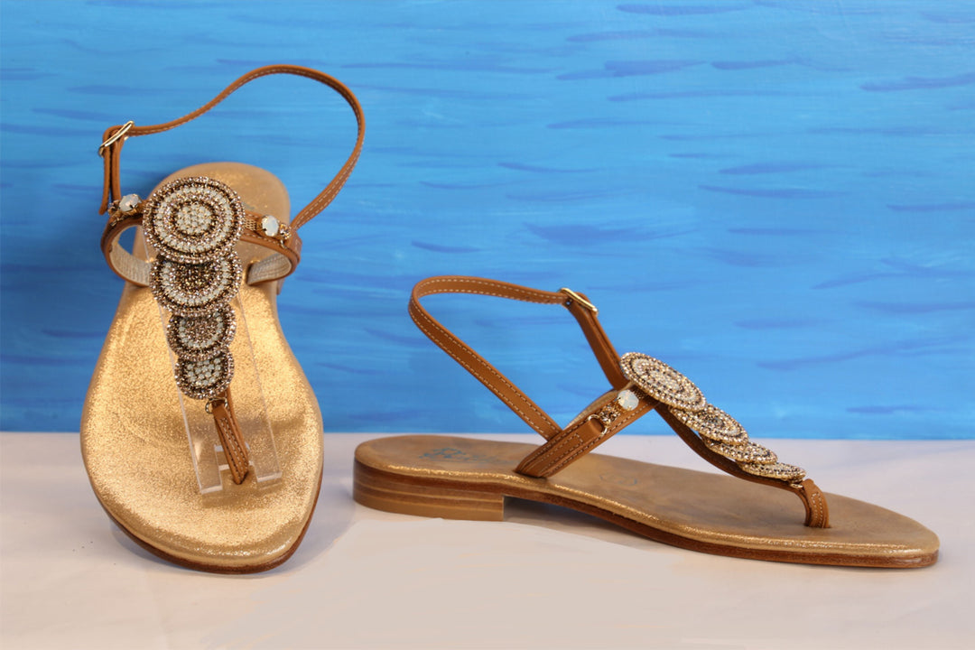 Chic Jewel Capri Sandal with Galassia shape decoration, handmade in real leather. Amber and creme colors.