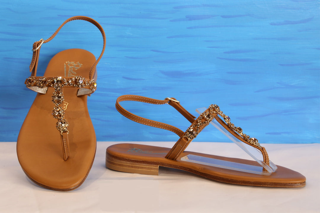 Elegant Swarovski Jewel Capri Sandal gold tones, Handmade in Italy, real leather