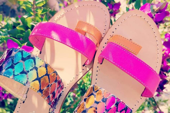 Elegant Colorful Capri Sandal with bands multicolor. Handmade in Italy.
