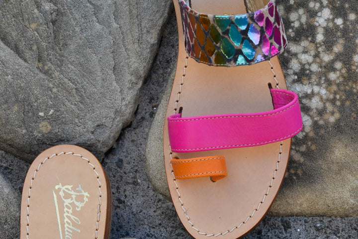 Elegant Colorful Capri Sandal with bands multicolor. Handmade in Italy.