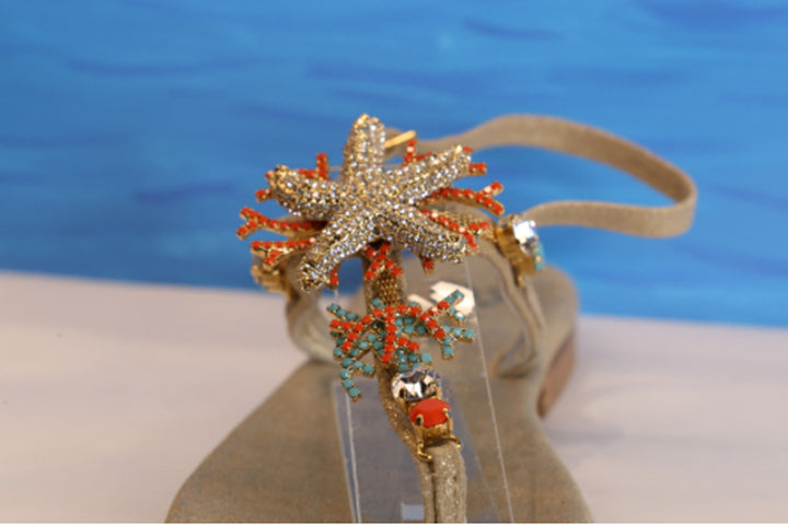 Gorgeous Swarosky Jewels Capri Sandals with Starfish and Corals. Real Leather and soft sole. Wedding Perfect Handmade in Italy.