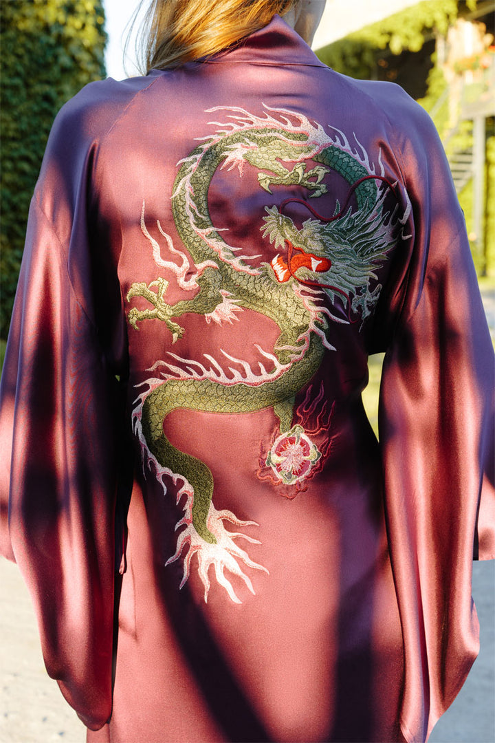 Pure Italian Silk Kimono Embroidered Dragon