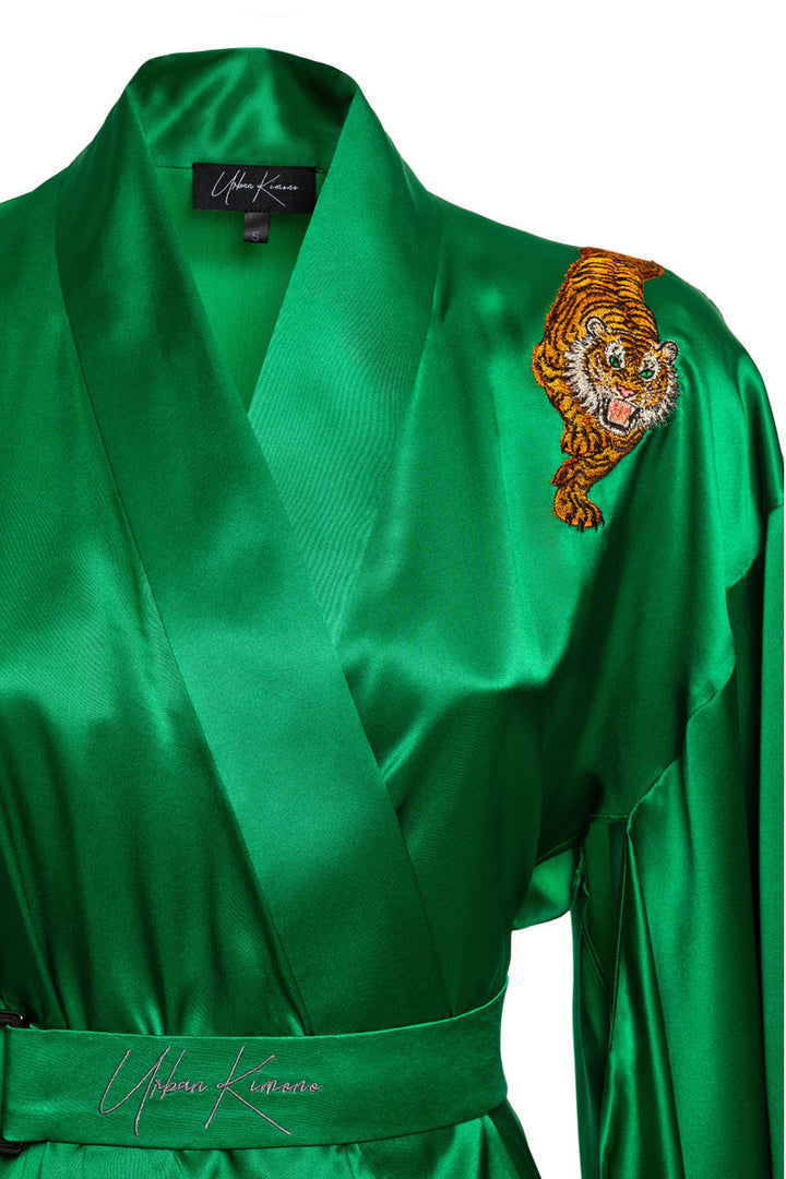Pure Italian Silk Kimono Front Embroidered Tiger