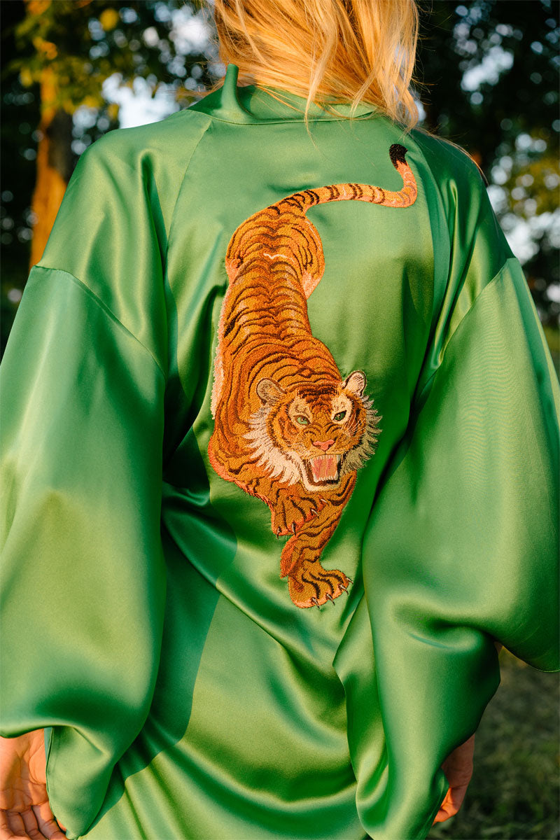 Pure Italian Silk Kimono Embroidered Tiger
