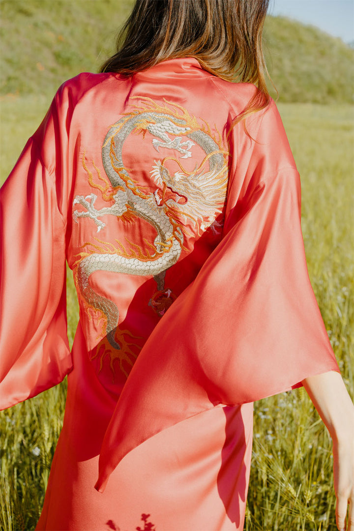Pure Italian Silk Kimono Embroidered Dragon