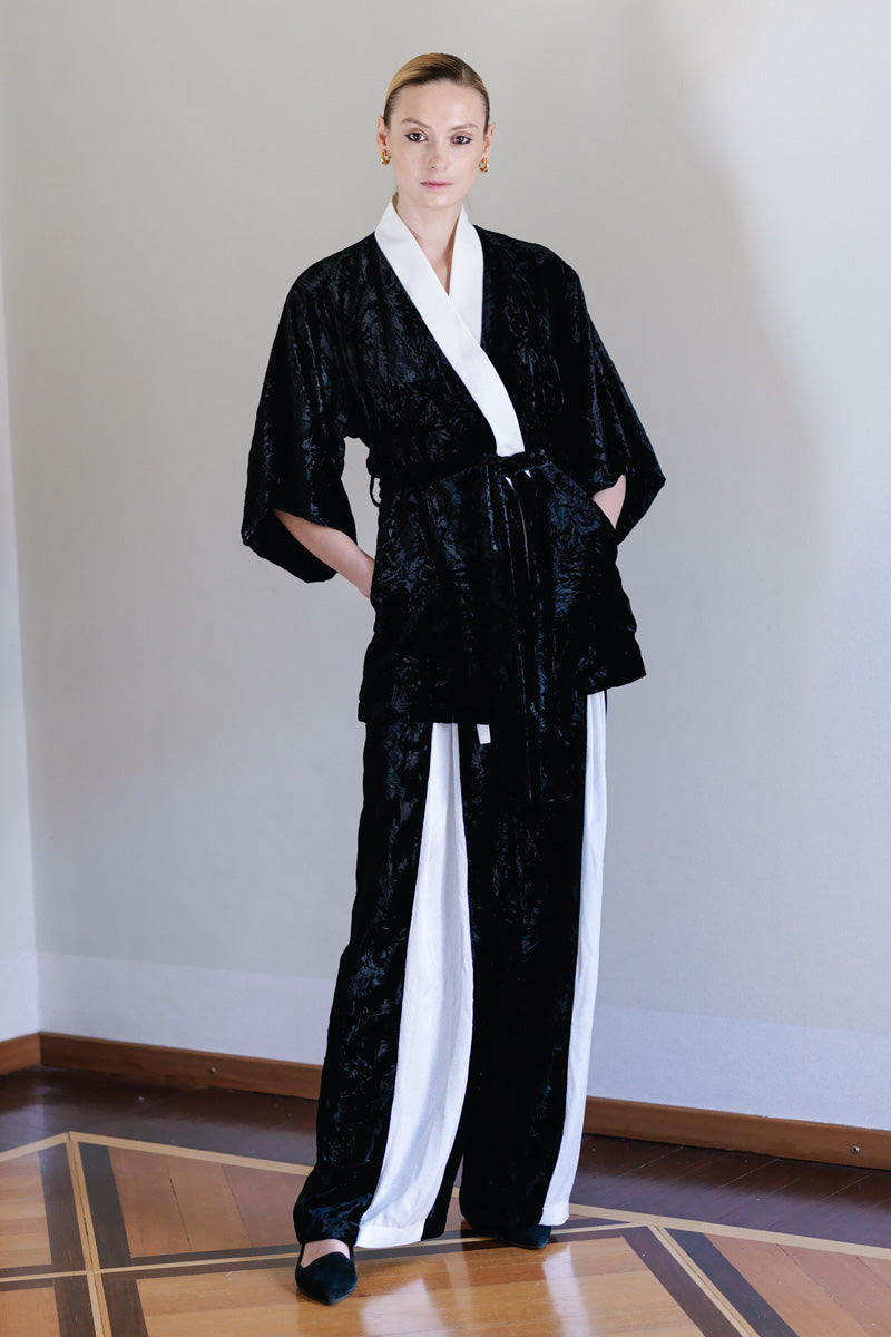Silk Velvet Tailor Made Black and White Suit