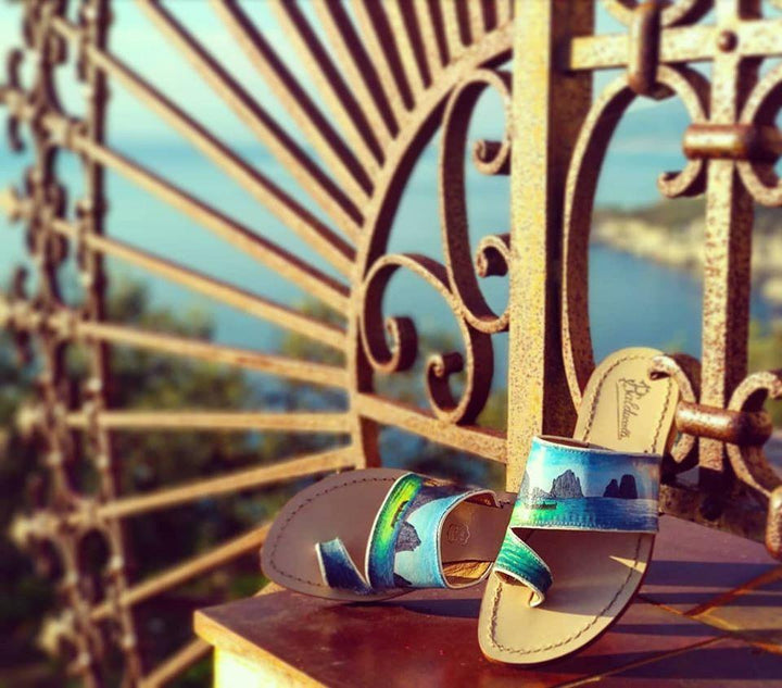 Real Leather Capri Sandal handmade in Italy with handprinted band with Capri Landscape. Blue and green colors.