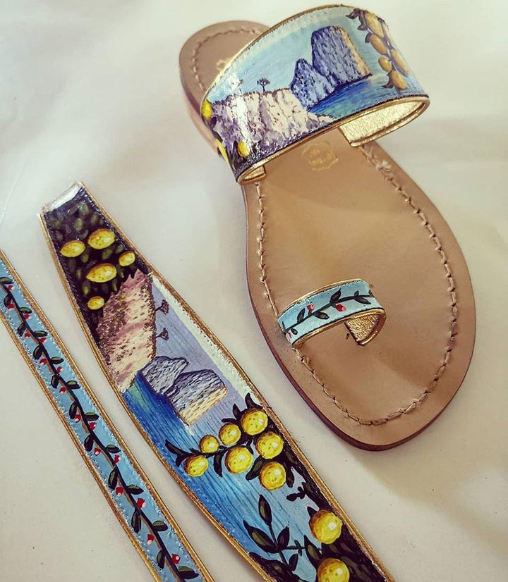 Unique Capri leather Sandals handmade real leather with bands painted with  Italian  Capri landscape and lemons
